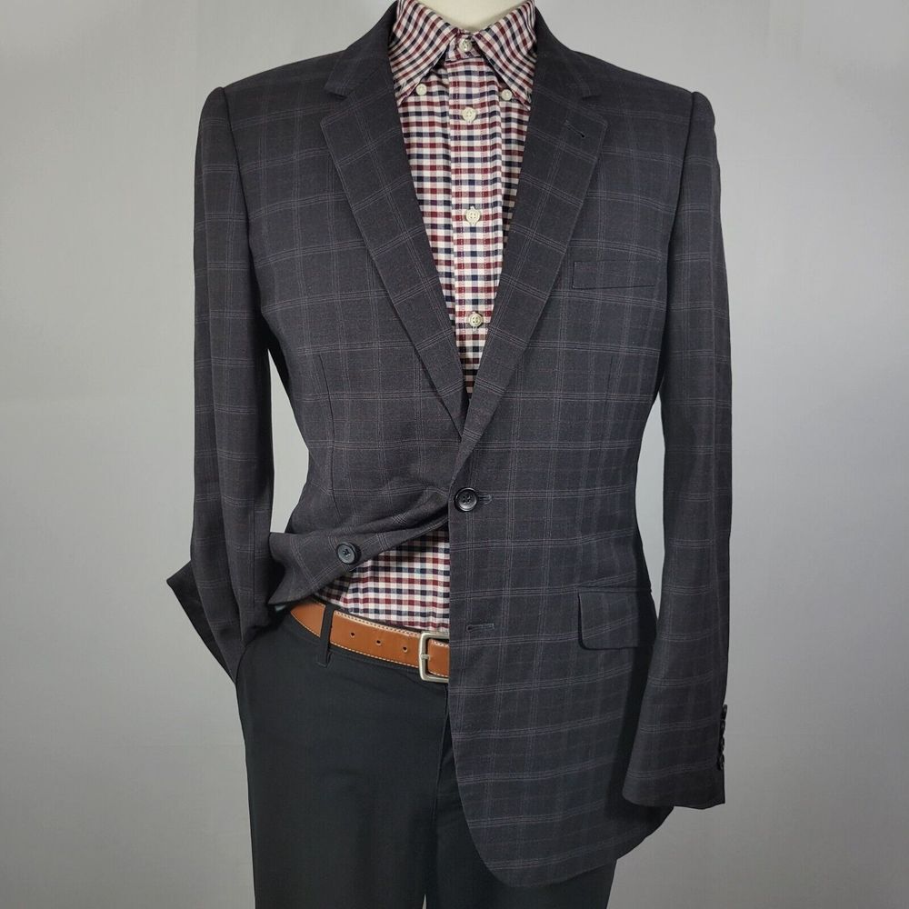 H&M‎ Men's Sport Coat Blazer Two Button Gray Plaid Polyester Blend Size 42R